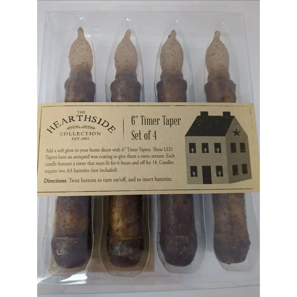 LED Burnt Mustard Battery Operated TIMER Taper 6 inch Candles Boxed‎ Set of 4